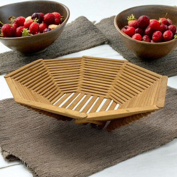 Vintage Primitive Folk Tramp Art Popsicle Stick Bowl Basket Octagonal Artisan - Picture 1 of 8